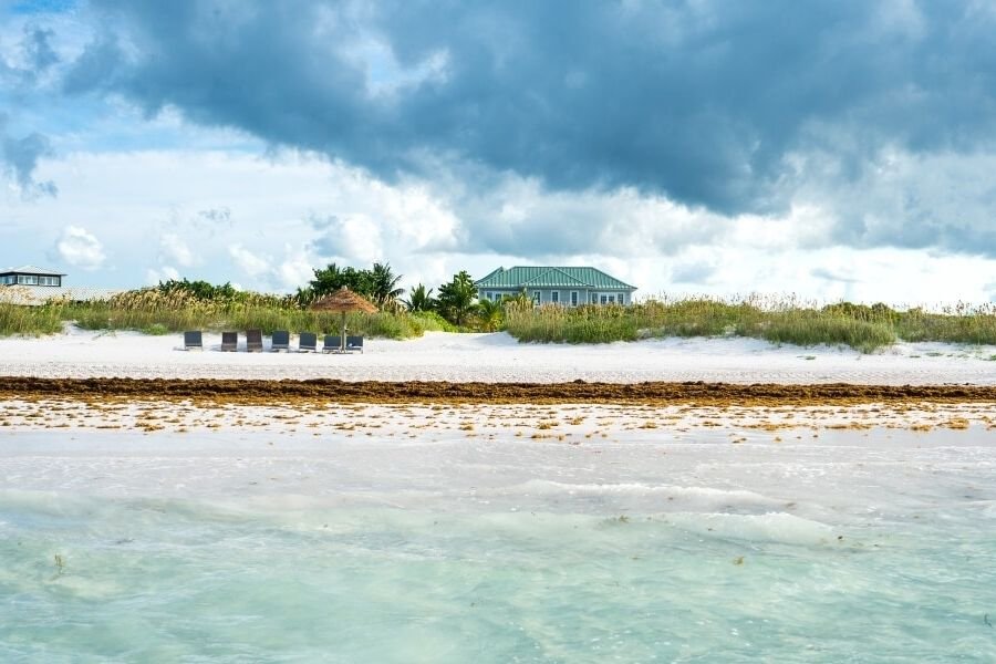 Blue waters and cute houses in The Bahamas.