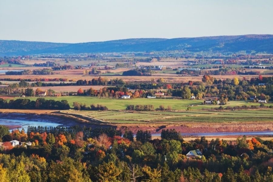 Fall colours in a wide valley.