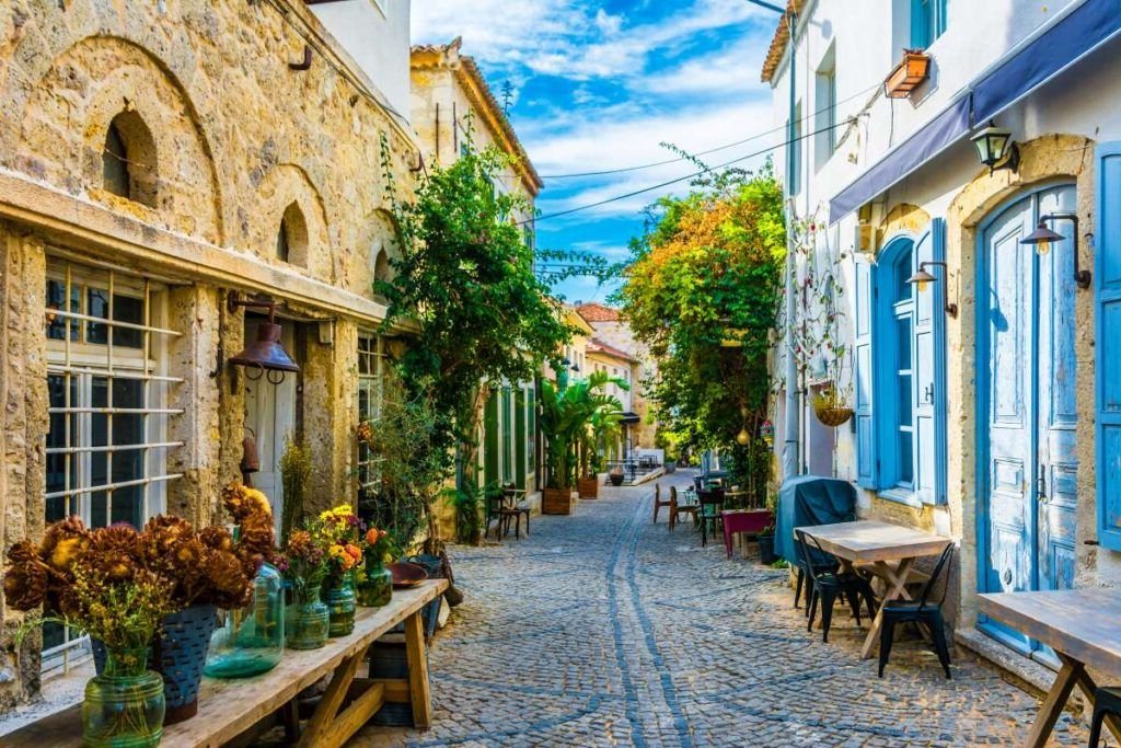 A quaint street view in the historic town of Alcati, Turkey.