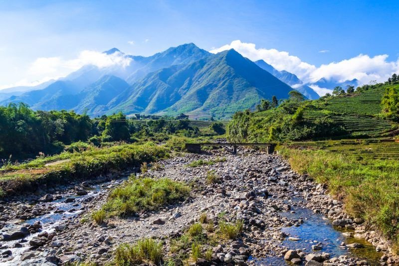 View of mountains and rivers and terraces landscapes in the mountainous part of Vietnam